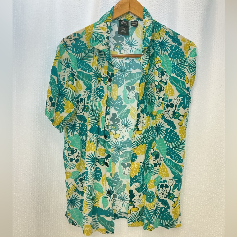 Disney Mickey Mouse Leaf Print Shirt - Teal and Yellow